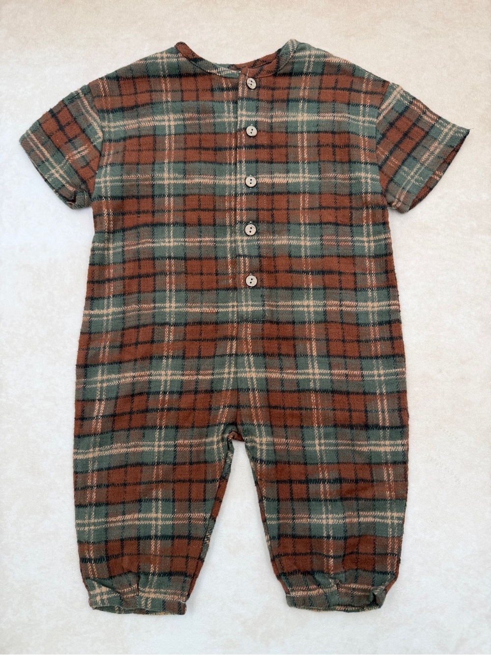 New Rylee + Cru Brown and Green Plaid Short-Sleeve Romper